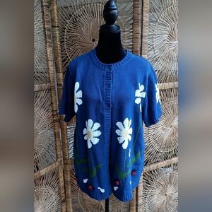 Quacker Factory Daisy Cardigan Sweater Short Sleeve Lady Bugs Blue_L